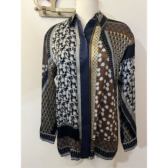 Lafayette 148 Satin Mixed Print Button Up Blouse 12 - Picture 1 of 5